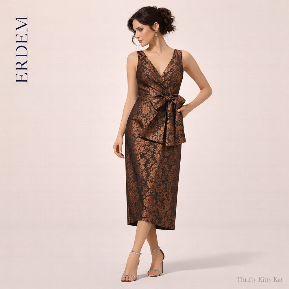Erdem Rosalie Brocade Bow Drape Midi Dress Metallic Floral Black‎ Copper US 6